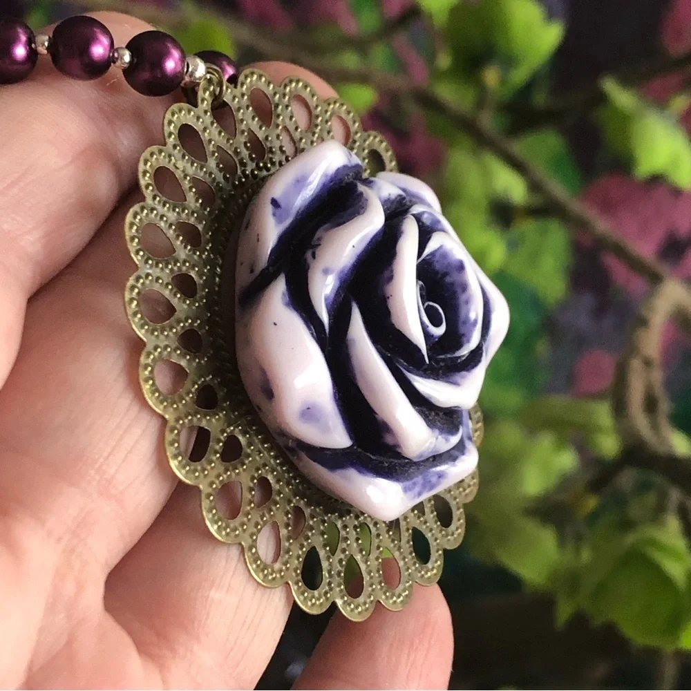 Handcrafted repurpose purple rose filigree pendant Czech glass Pearl necklace